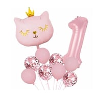 Taçlı Pembe Kedi 1 Yaş Folyo Balon Set