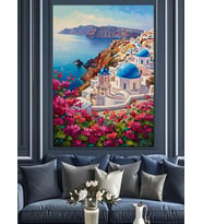 Santorini Mavi Kubbeli Kilise Manzarası Dekoratif Kanvas - Mdf Ahşap Tablo