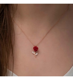 ?Gümüş Rose Kırmızı Gül Kolye