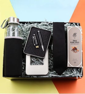 Kişiye Özel 32 gb Usb Siyah Kalem & Özel Kılıflı 500 Ml Su Matarası & Siyah Kravat & Rebul Kolonya Hediye Seti