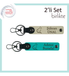 Kedili Kombinlere Sevimli Hediye, Patili Desenli, Kişisel Yazılı Anahtarlık, Sütlü Kahve-K Turkuaz