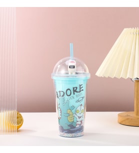 Dinozor Işıklı ve Pipetli Bardak, 450 ml, Boncuklu ve Kapaklı, Mavi, 20x8 (Mavi)
