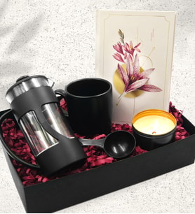Siyah Mat Kupa & Özel Tasarımlı Defter & French Press & Siyah Mum Hediye Seti