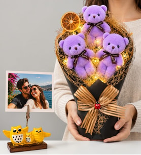 Kişiye Özel Fotoğraflı Led Işıklı Büyük Boy Mor Peluş Ayıcık Buketi