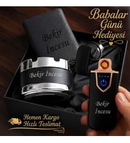 Hemen Kargo İsme Özel Mekanizmalı Kartlık Cüzdan Dokunmatik Şarjlı Çakmak Küllük Hediye Seti - Sevgiliye Eşe Arkadaşa Babaya Hediye
