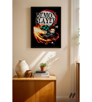 Demon Slayer Tanjiro Ateş Poster, Siyah Çerçeveli Duvar Tablosu - Anime Severlere Özel
