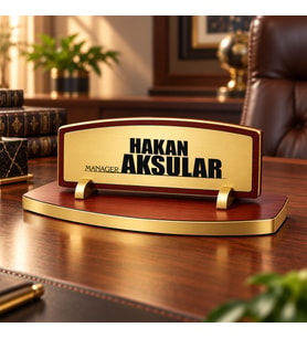 BK Gift Kişiye Özel Ahşap Masa İsimliği Gold Plakalı BK27 -5
