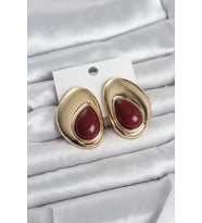 Pirinç Gold Renk Bordo Taşlı Damla Model Vintage Kadın Küpe 5886