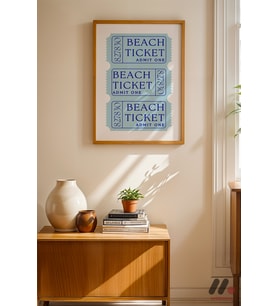 Beach Ticket Retro Poster, Ahşap Çerçeveli Duvar Tablosu - Huzurlu Ev Dekorasyonu