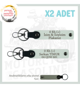 Motor Stiline Uygun İsim Plaka ve 0 + Kan Grubu Yazılı Hediyelik Deri x2 Anahtarlık Seti, Beyaz-Gr