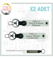 Motor Stiline Uygun İsim Plaka ve 0 + Kan Grubu Yazılı Hediyelik Deri x2 Anahtarlık Seti, Beyaz-Gr