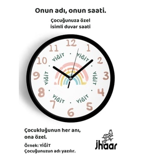 İsme Özel Pastel Gökkuşağı Çocuk Odası Duvar Saati Orta Boy 30 cm Siyah Camlı Sessiz