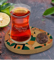 BK Gift Kişiye Özel Modern Art Tasarımlı Doğal Ahşap Tabaklı Heybeli Çay Bardağı Sunum Seti Model 14