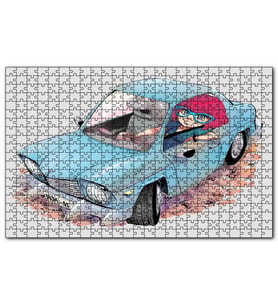 Cakapuzzle Sevimli Mavi Aracıyla Gözlüklü Anne Puzzle Yapboz MDF (Ahşap) (120 Parça)