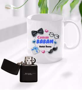 BK Gift Kişiye Özel Babalar Günü Hediyesi Canım Babam Tasarımlı Kupa Bardak ve Benzinli Çakmak Seti-1 (Model 1)