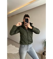 Neşeli butik kadın fitilli desen kadife kısa şişme mont NM005