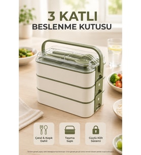 3 Katlı Yeşil Beslenme Kutusu Çatal Kaşık Dahil Kilitli Kapaklı