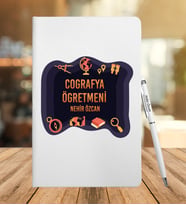 Coğrafya Öğretmeni Özel Deri Defter Ve Metal Roller Kalem Seti