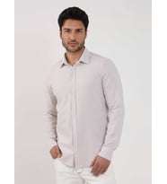 Bej Erkek Slim Fit Çizgili Klasik Yaka Uzun Kol Gömlek - 107438
