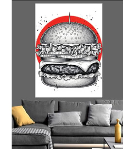 Siyah Beyaz Modern Burger Çizimi Dekoratif Kanvas - Mdf Ahşap Tablo