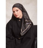 Noktalı Daireler Baskı Twill İpek Eşarp-0933 (Siyah-Camel)