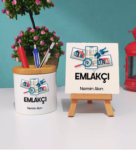 Emlakçı Tasarımlı Kişiye Özel Hediye Emlakçı Kalemlik ve Dekoratif Taş Baskı Hediye Seti