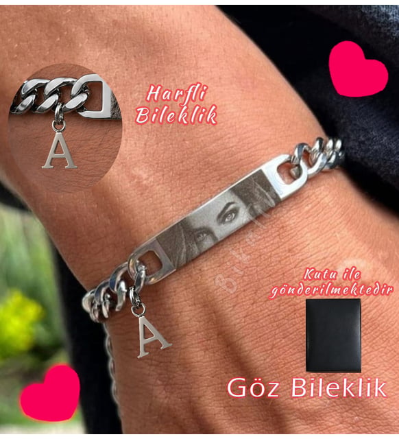Çelik Bileklik Kişiye Özel Göz Resimli Baskılı- ASLA PASLANMAZ