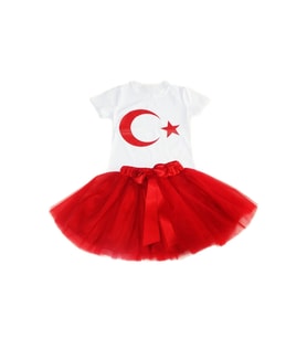 Kız Çocuk 23nisan 29ekim Gösteri Doğumgünü Kıyafeti Ayyıldız Kısa Kol Beyaz T-shırt Tütü Etek Takım