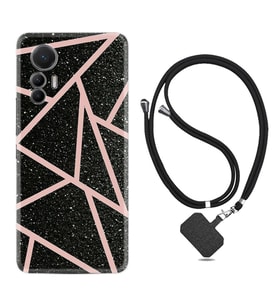 Xiaomi 12 Lite Kılıf Resimli Boyun Askılı İpli Desenli Silikon Pembe Şeritli Mermer 1312