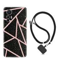 Xiaomi 12 Lite Kılıf Resimli Boyun Askılı İpli Desenli Silikon Pembe Şeritli Mermer 1312