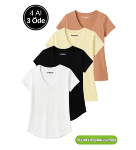 Kadın 4'lü Paket Siyah-Beyaz-Sarı-Kahverengi %100 Organik Pamuk Tişört V Yaka T-Shirt