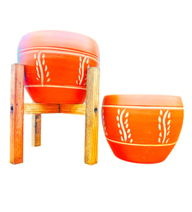 Bitki Tasarımı Nakış Desenli Terrakota Toprak Saksı Saksılık Salon Çiçeklik İkili Set Ayaksız - 4 Ayaklı- 15 Cm