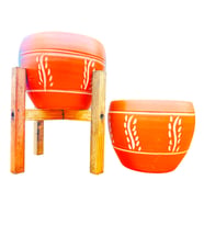 Bitki Tasarımı Nakış Desenli Terrakota Toprak Saksı Saksılık Salon Çiçeklik İkili Set Ayaksız - 4 Ayaklı- 15 Cm