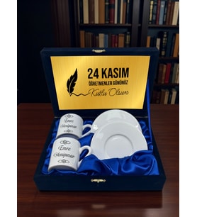Öğretmenler Günü Hediyesi  Saten Kutulu Çiftli Türk Kahvesi Fincanı Seti – 24 Kasım Özel Tasarım