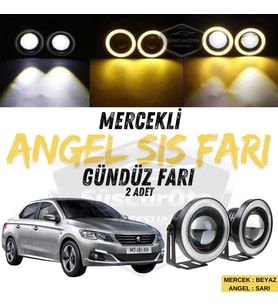 Peugeot 301 2012-2021 Uyumlu Mercekli Angel Sis Farı Metal 76 mm Sarı Halkalı Gündüz Farı 2 Adet