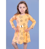 Toontoy Kız Çocuk Çiçek Desenli Fiyonk Detaylı Elbise (Turuncu)