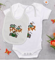 BK Kids Race Time Tasarımlı Bebek Body Zıbın ve Mama Önlüğü Hediye Seti - Model 1