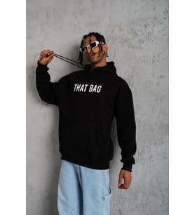 Erkek 3 İplik Pamuklu Kapüşonlu Baskılı Cepli Oversize Sweatshirt Hoodie - Siyah