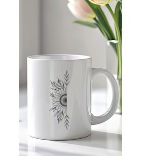 Minimal Çiçek Desenli 330ml Baskılı Beyaz Seramik Kupa Bardak