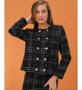 Siyah-Beyaz Ekoseli Buklet Şanel Kışlık Kumaş Blazer Ceket