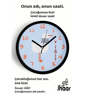 İsme Özel Sevimli Martı Çocuk Odası Duvar Saati Orta Boy 30 cm Siyah Camlı Sessiz