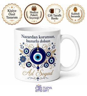 İsimli Nazar Boncuğu Desenli Kişiye Özel Baskılı Kupa Bardak Hediye