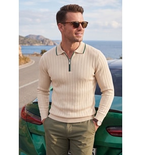 DeepSEA Erkek Slim Fit Tüylenmeyen Çizgi Dokulu Beyaz Triko Kazak – Fermuarlı Polo Yaka 2700401