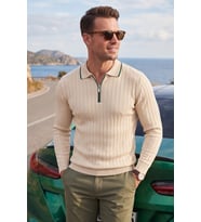 DeepSEA Erkek Slim Fit Tüylenmeyen Çizgi Dokulu Beyaz Triko Kazak – Fermuarlı Polo Yaka 2700401