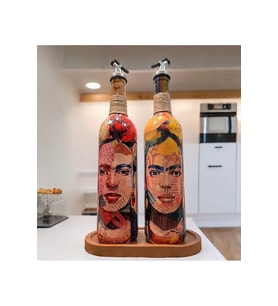 Renkli Kadın Desenli 750 ml Zeytinyağı Sıvıyağ Şişesi Yağdanlık Yağlık Sirkelik Sosluk 2'li Set (Çok Renkli)