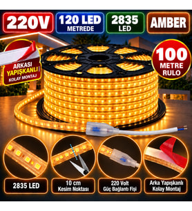 100 Metre 220V 8mm 2835 120 Led Amber Işık Arkası Yapışkanlı Hortum Led IP65 Güç Kablosu Dahil