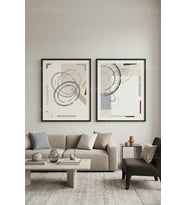Modern Soyut Daireler ve Geometrik Formlar 2’li Ahşap Çerçeveli Tablo Seti
