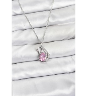 316L Çelik Zincir Gümüş Renk Pembe Kuğu Model Zirkon Taşlı Kadın Kolye 5886 - SSSSSS1276-50
