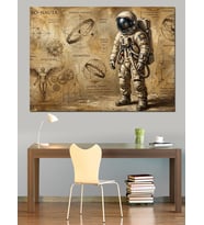 Eskitme Kağıt Üzerinde Astronot Çizimi Dekoratif Kanvas - Mdf Ahşap Tablo
