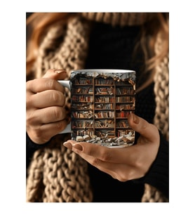 Kitaplık Kütüphane Baskılı 3D Tasarım Seramik Kupa Mug - Hediyelik Kupa Bardak